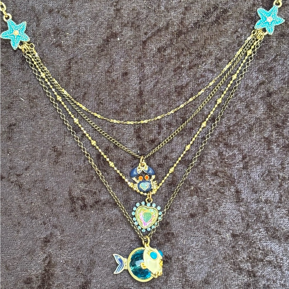 Betsey Johnson Gold/Black Nautical Fish Crab Heart Crystal Layered Necklace